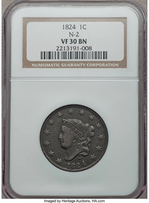image for: 1824 1C N-2, R.2, VF30 NGC. NGC Census: (2/17). PCGS Population (0/7). Mintage: 1,262,000. ...