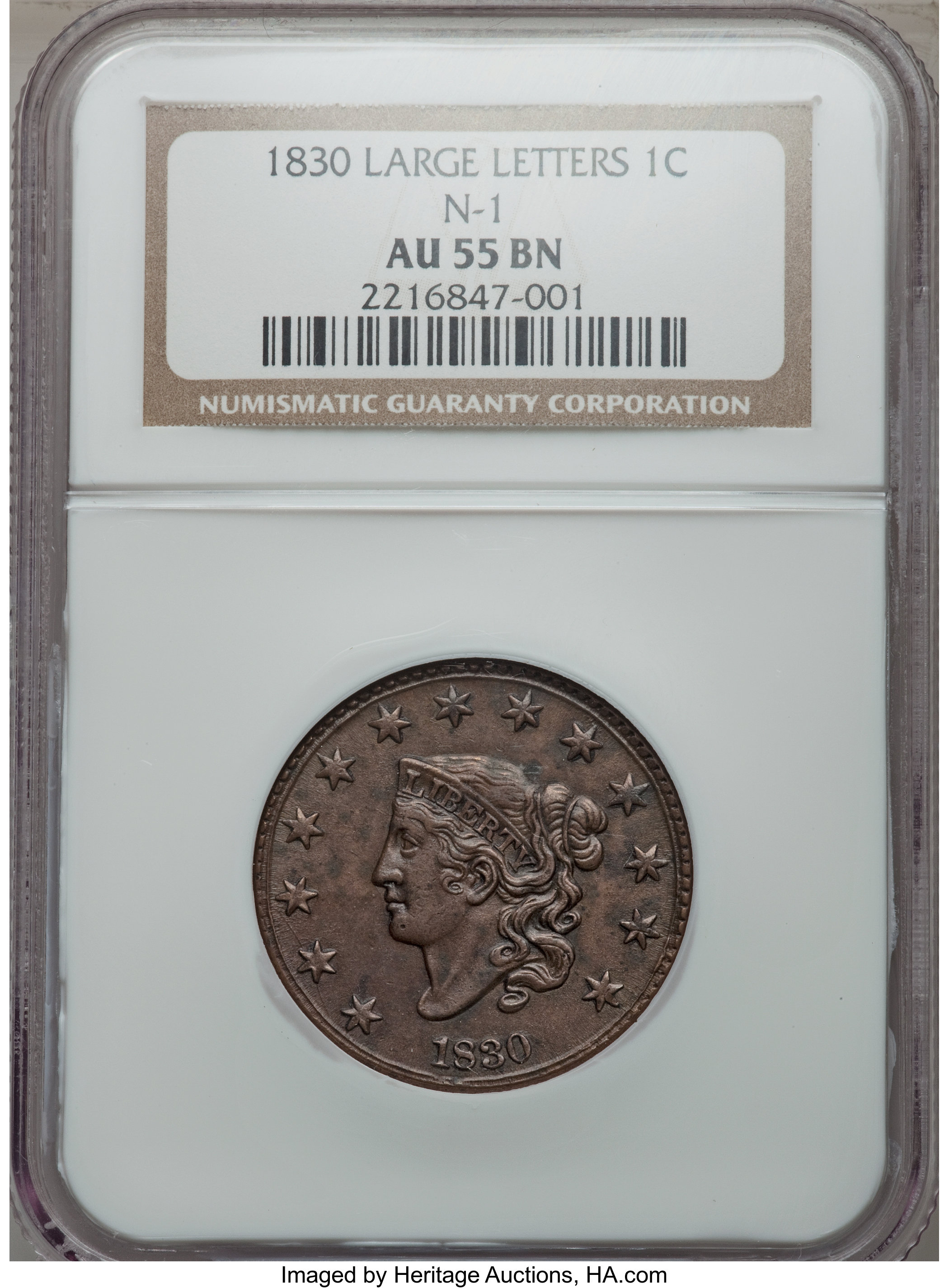 image for: 1830 1C Large Letters, N-1, R.1, AU55 NGC. NGC Census: (3/11). PCGS Population (0/4). Mintage: 1,711,500. ...