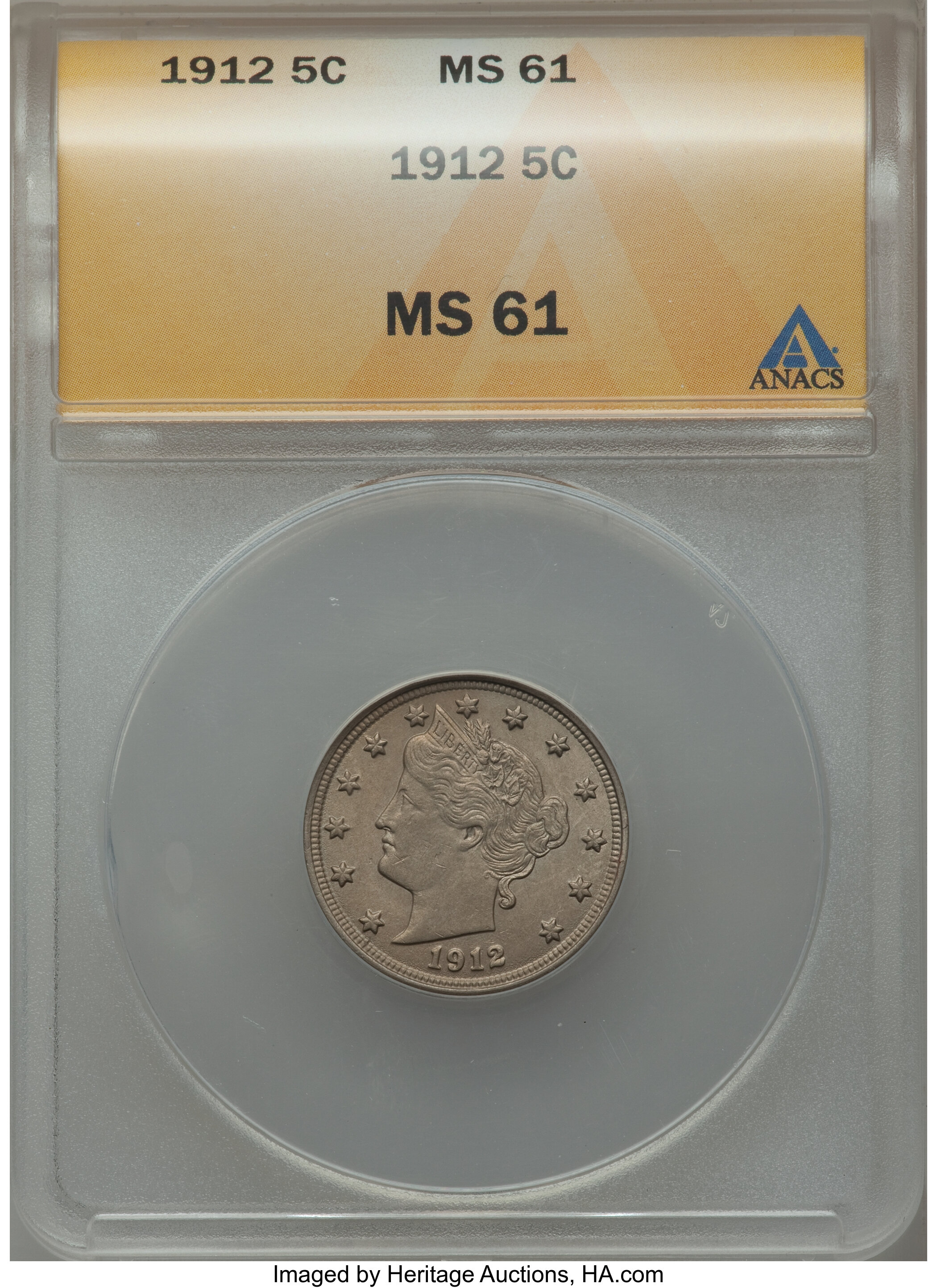 1912 5C MS61 ANACS. NGC Census: (36/976). PCGS Population (23/1353). Mintage: 26,236,714. Numismedia Wsl. Price for problem...