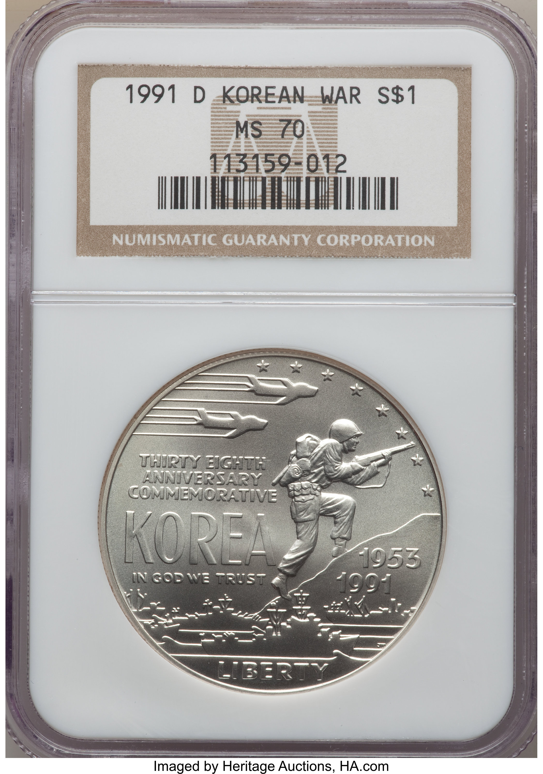 1991-D $1 Korean War Silver Dollar MS70 NGC. NGC Census: (308). PCGS Population (354). Mintage: 213,049. Numismedia Wsl. Pr...