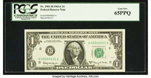 image for: Low Serial Number H00000031A Fr. 1901-H $1 1963A Federal Reserve Note. PCGS Gem New 65PPQ....
