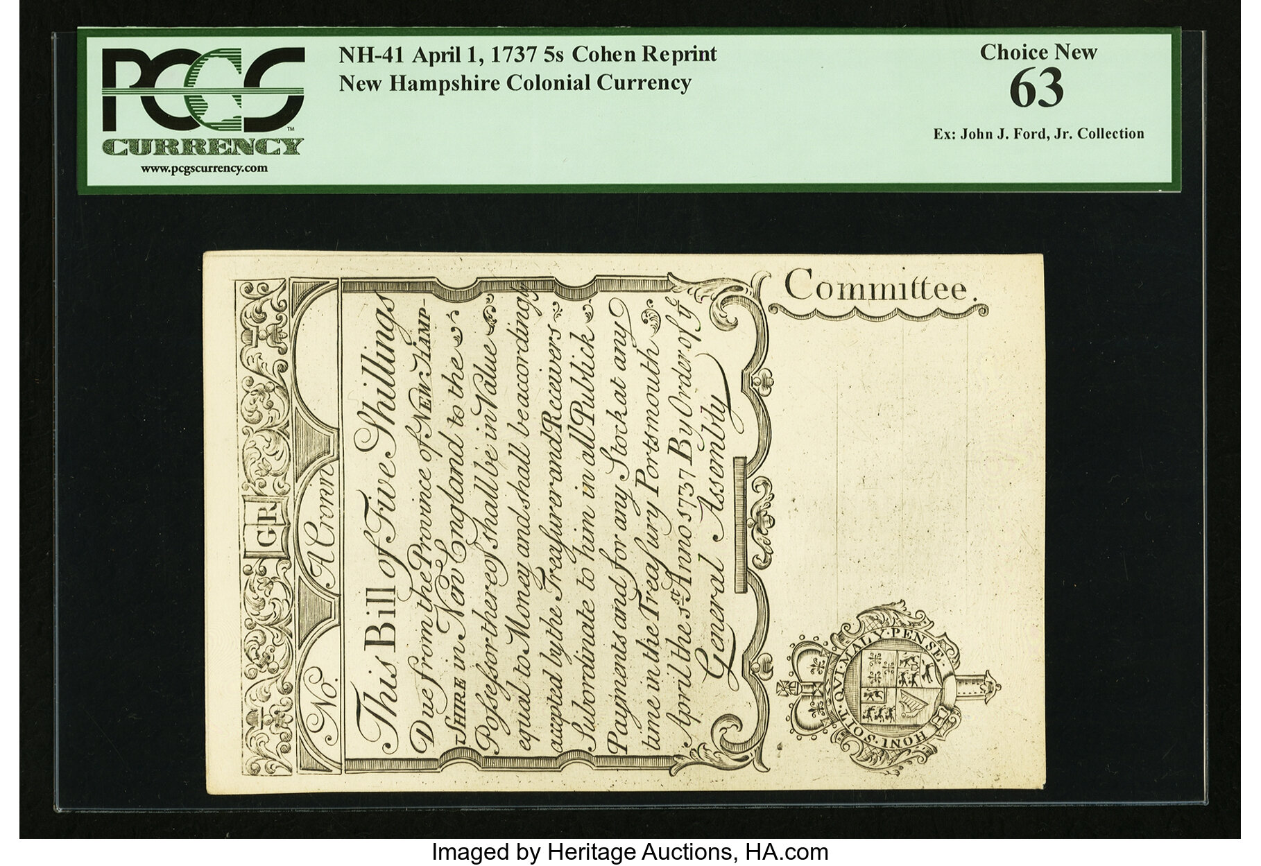 image for: Cohen Reprint New Hampshire April 1, 1737 5s PCGS Choice New 63....