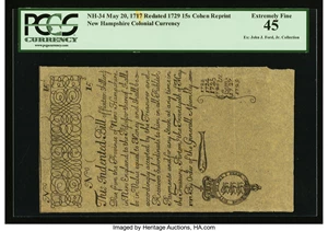 image for: Cohen Reprint New Hampshire May 20, 1717 Redated 1729 15s PCGS Extremely Fine 45....