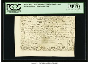 image for: Cohen Reprint New Hampshire April 3, 1755 Redated June 1, 1756 £3 PCGS Extremely Fine 45PPQ....
