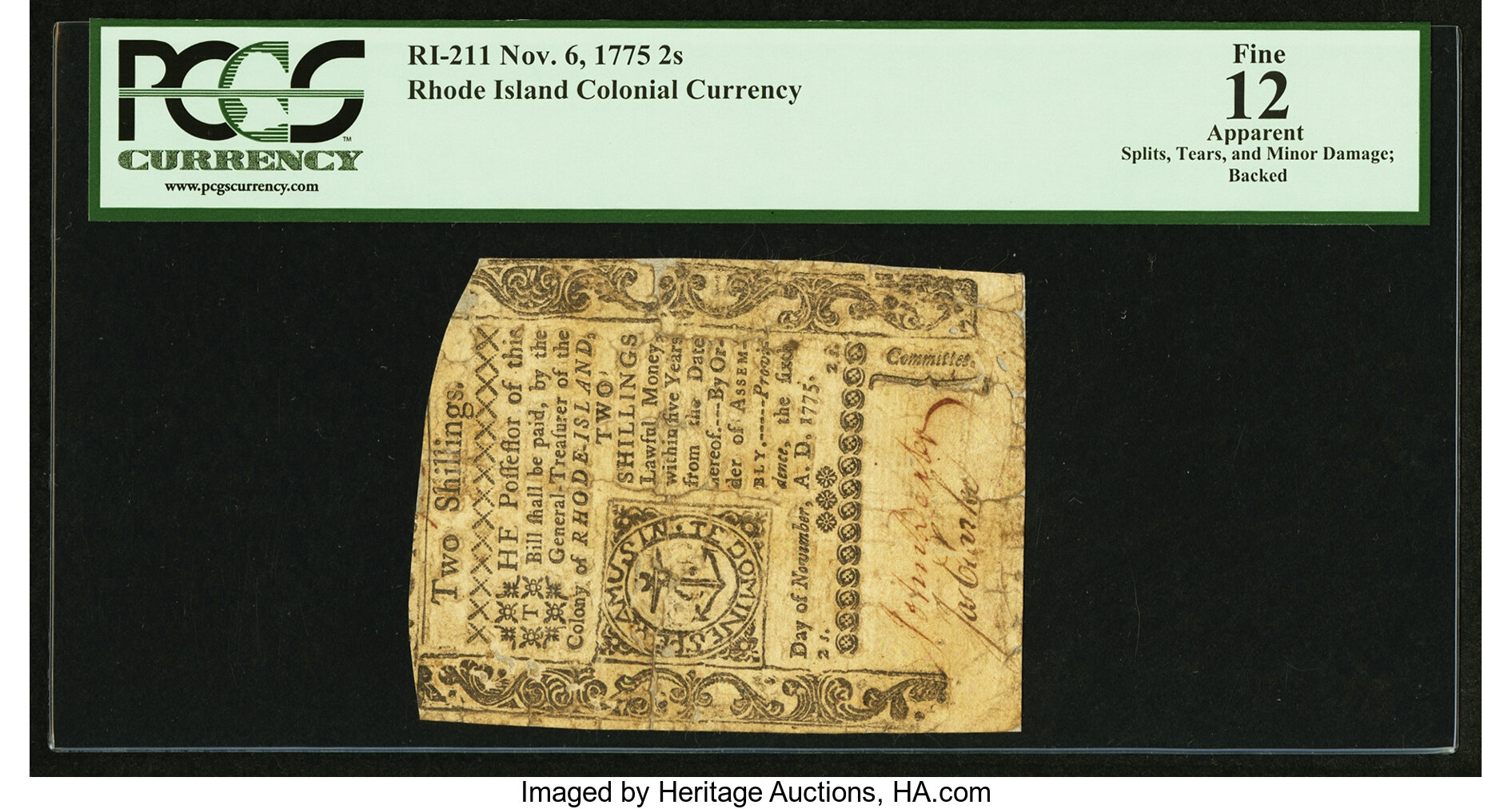 image for: Rhode Island November 6, 1775 2s PCGS Apparent Fine 12....