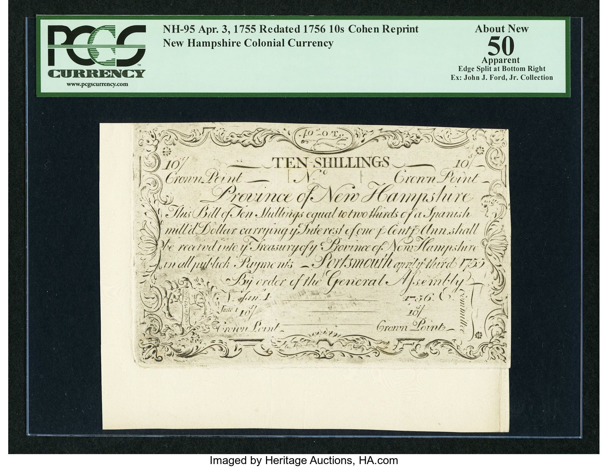 image for: Cohen Reprint New Hampshire April 3, 1755 Redated June 1, 1756 10s PCGS Apparent About New 50....