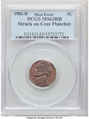 image for: 1982-D 5C Jefferson Nickel -- Struck on Cent Planchet -- MS63 Red and Brown PCGS. PCGS Population: (9/429). NGC Census: (2/...
