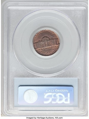 image for: 1982-D 5C Jefferson Nickel -- Struck on Cent Planchet -- MS63 Red and Brown PCGS. PCGS Population: (9/429). NGC Census: (2/...