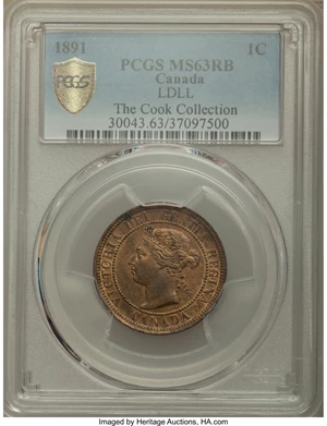 image for: Victoria "Large Date - Large Leaves" Cent 1891 MS63 Red and Brown PCGS