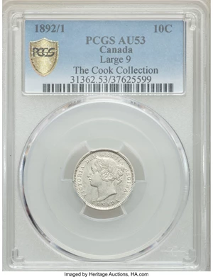 image for: Victoria "Large 9" 10 Cents 1892/1 AU53 PCGS