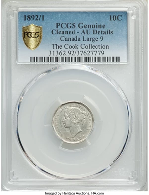 image for: Victoria "Large 9" 10 Cents 1892/1 AU Details (Cleaned) PCGS
