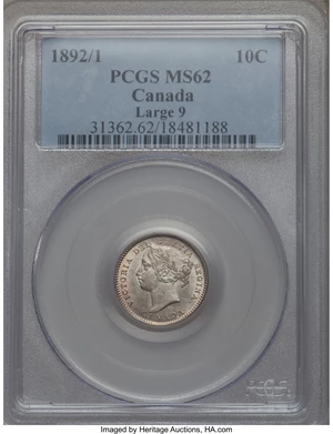 image for: Victoria "Large 9" 10 Cents 1892/1 MS62 PCGS