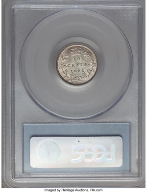 image for: Victoria "Large 9" 10 Cents 1892/1 MS62 PCGS