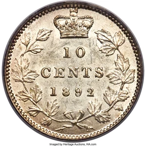 image for: Victoria "Large 9" 10 Cents 1892/1 MS62 PCGS