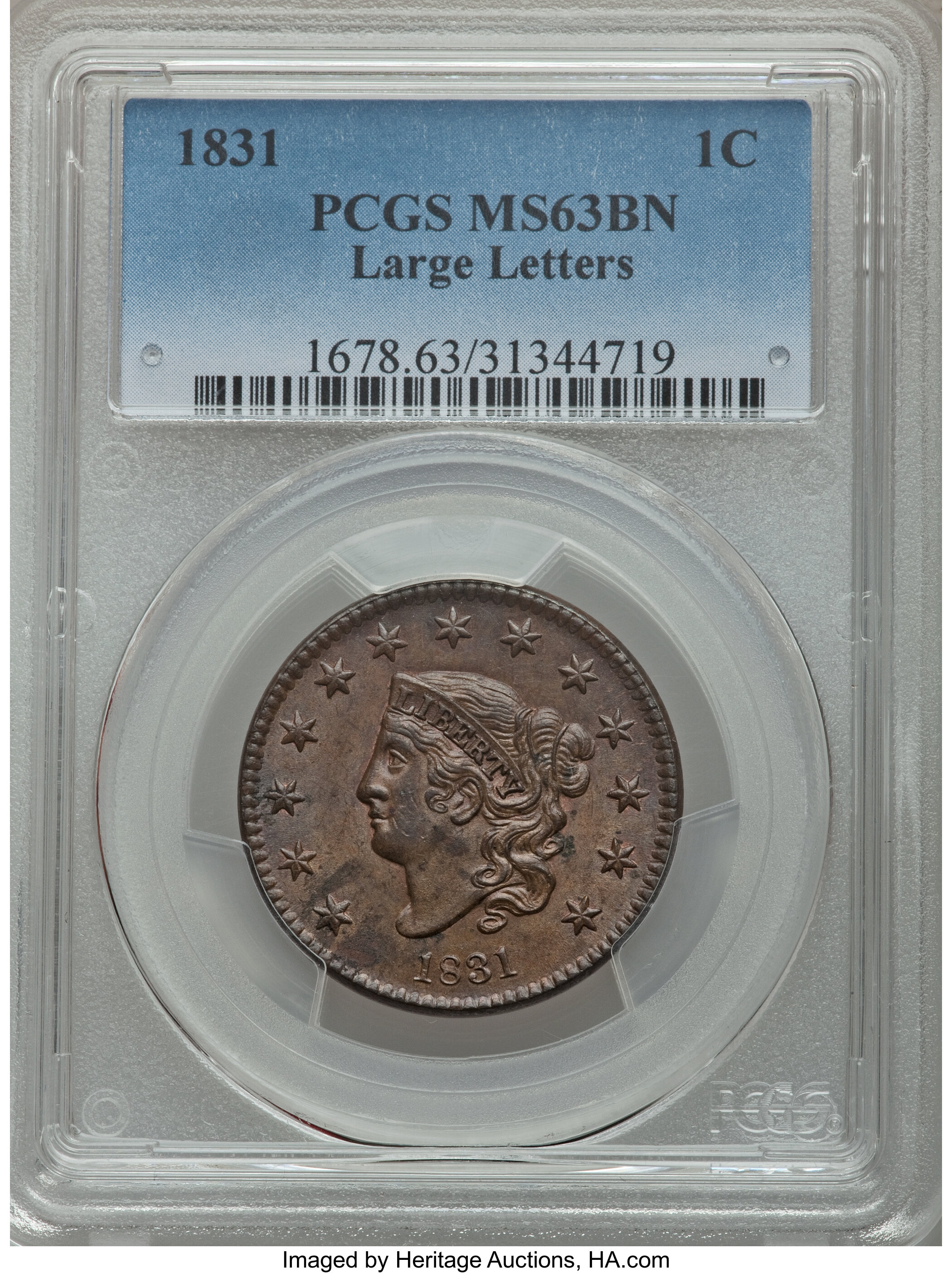 image for: 1831 1C Large Letters, N-7, R.1, MS63 Brown PCGS....