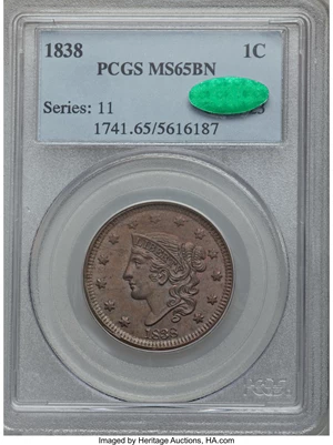 image for: 1838 1C N-1, R.1, MS65 Brown PCGS. CAC....