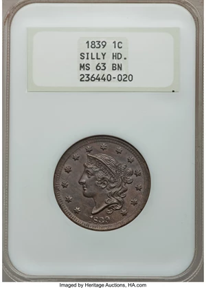 image for: 1839 1C Silly Head, N-9, R.2, MS63 Brown NGC....