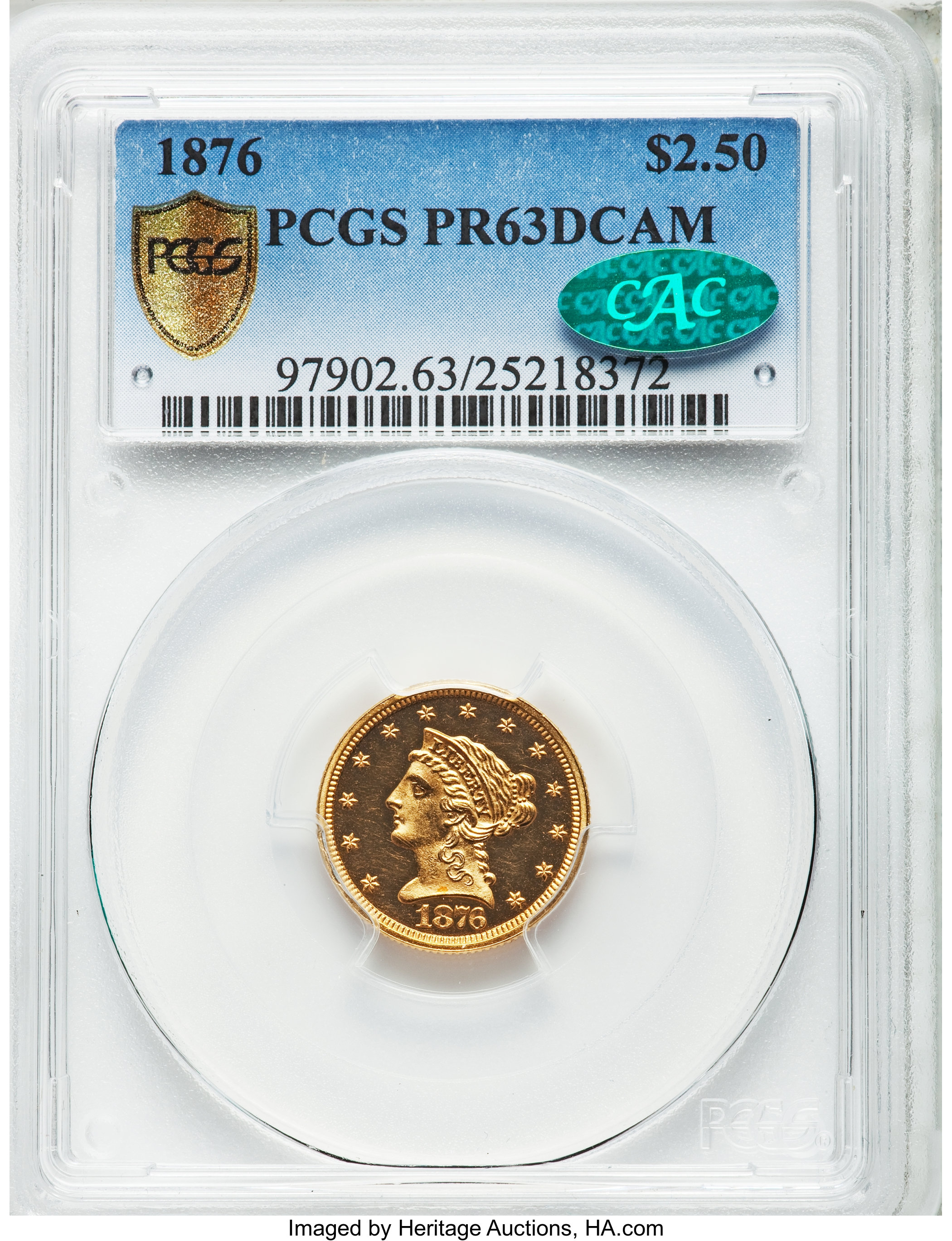 image for: 1876 $2 1/2 PR63 Deep Cameo PCGS Secure. CAC....