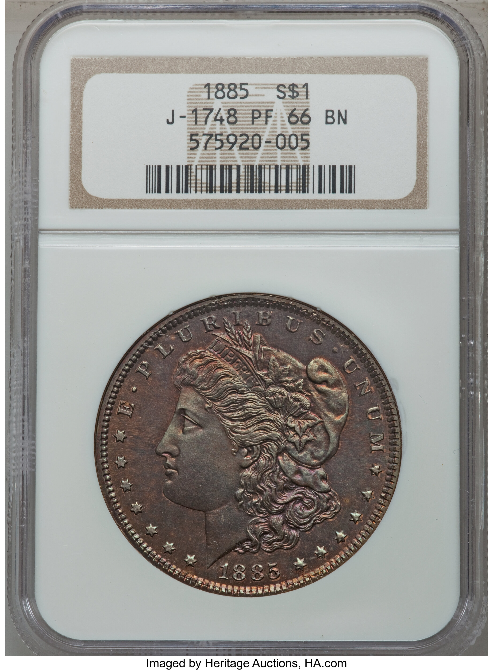 image for: 1885 $1 Morgan Dollar, Judd-1748, Pollock-1960, Low R.7, PR66 Brown NGC....