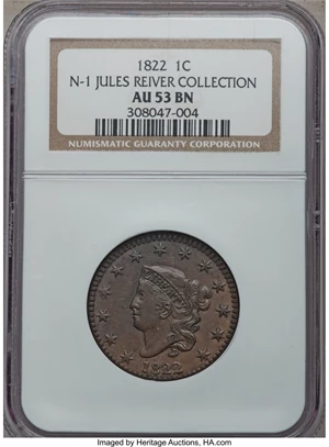 image for: 1822 1C N-1, R.3, AU53 NGC. Ex: Jules Reiver Collection. NGC Census: (2/6). PCGS Population (0/3). Mintage: 2,072,339. ...