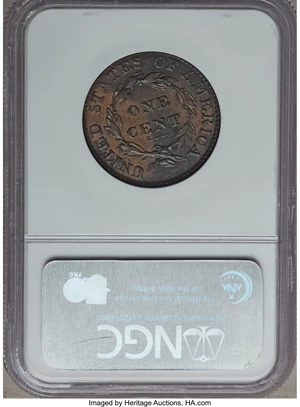 image for: 1822 1C N-1, R.3, AU53 NGC. Ex: Jules Reiver Collection. NGC Census: (2/6). PCGS Population (0/3). Mintage: 2,072,339. ...