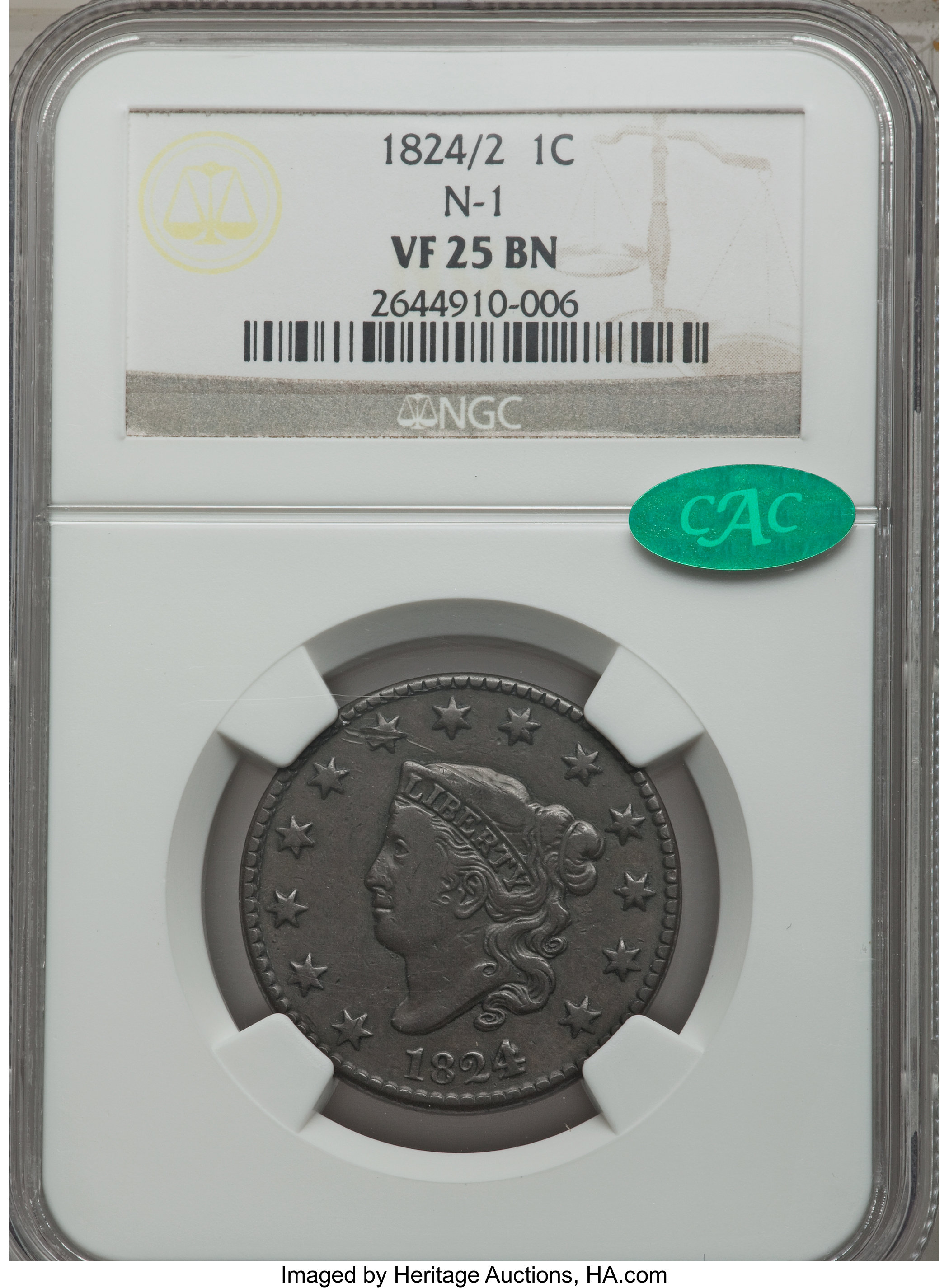 image for: 1824/2 1C N-1, R.1, VF25 NGC. CAC. NGC Census: (2/11). PCGS Population (0/5). Mintage: 1,262,000. ...
