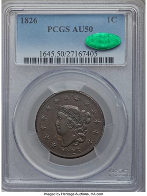 image for: 1826 1C AU50 PCGS. CAC. N-9, R.3. PCGS Population (12/96). NGC Census: (7/82). Mintage: 1,517,425. Numismedia Wsl. Price fo...