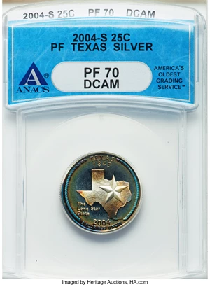 image for: 2005-S 25C Five-Piece Silver Statehood Quarter Set PR70 Deep Cameo ANACS. This set includes: Texas; Oregon; Kansas; Nevad... (Total: 5 coins)