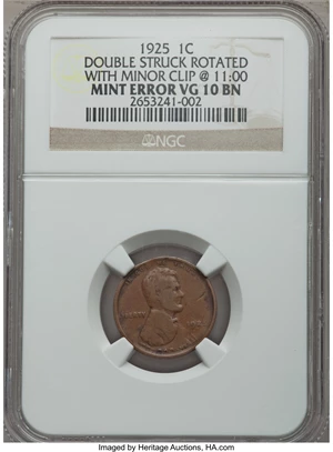 image for: 1925 1C Lincoln Cent -- Double Struck Rotated, Minor Clip @ 11:00 -- VG10 NGC....