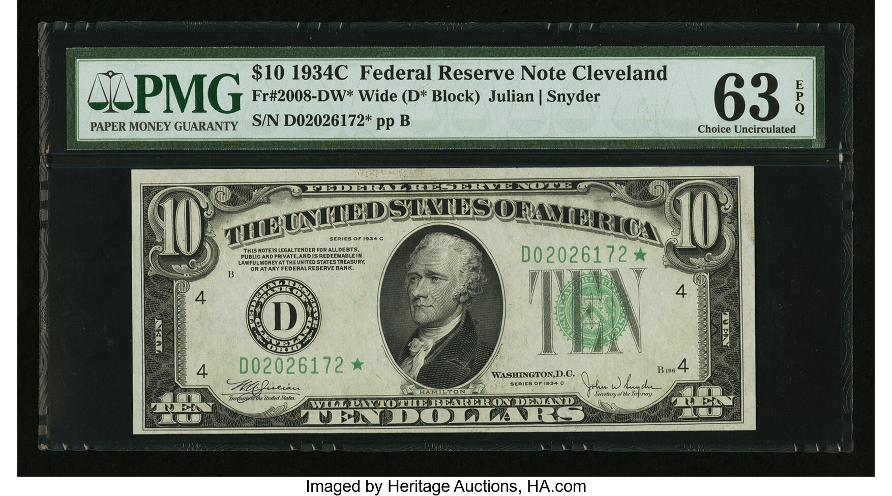 image for: Fr. 2008-D* $10 1934C Wide Federal Reserve Star Note. PMG Choice Uncirculated 63 EPQ....