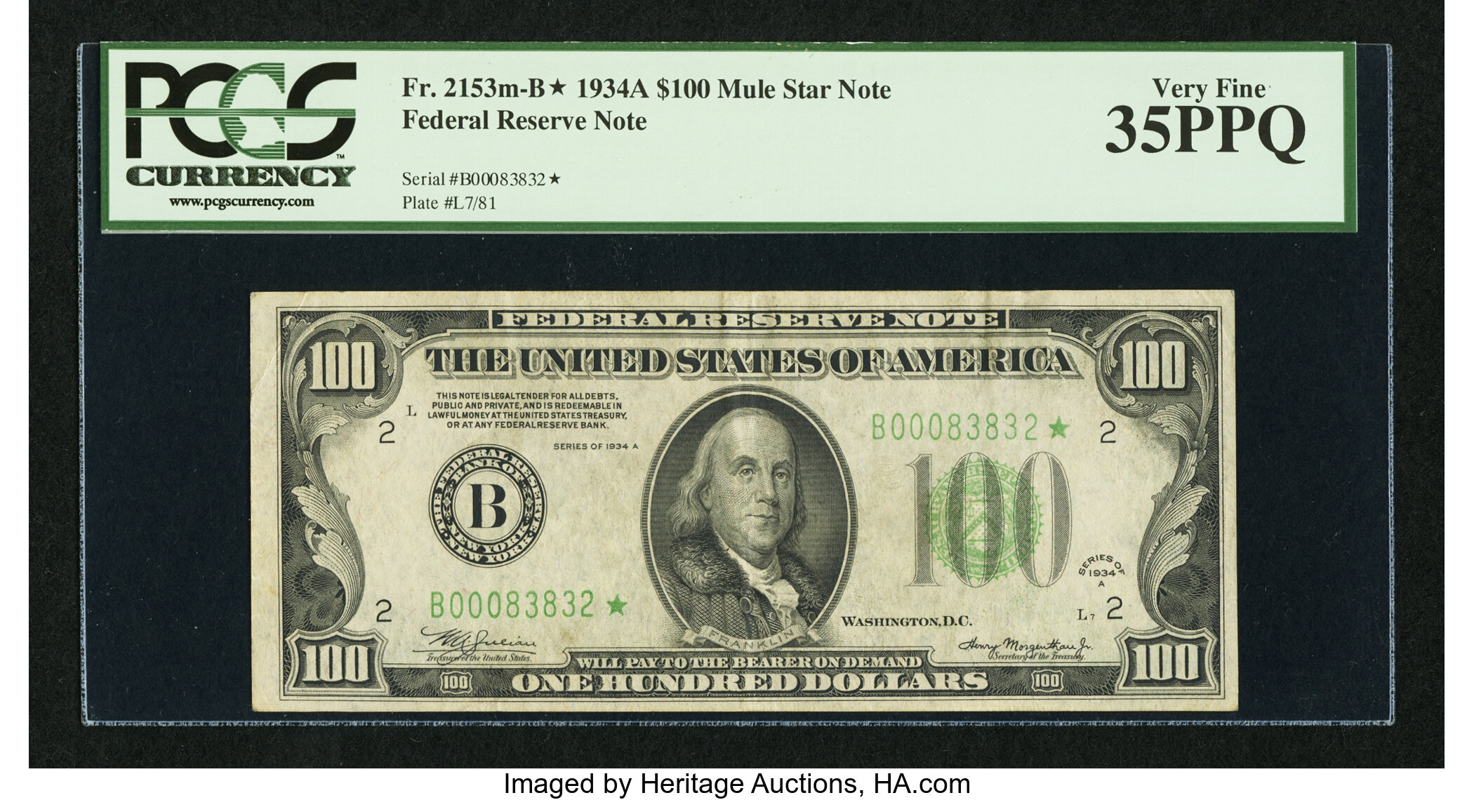 image for: Fr. 2153-B* $100 1934A Mule Federal Reserve Star Note. PCGS Very Fine 35PPQ....