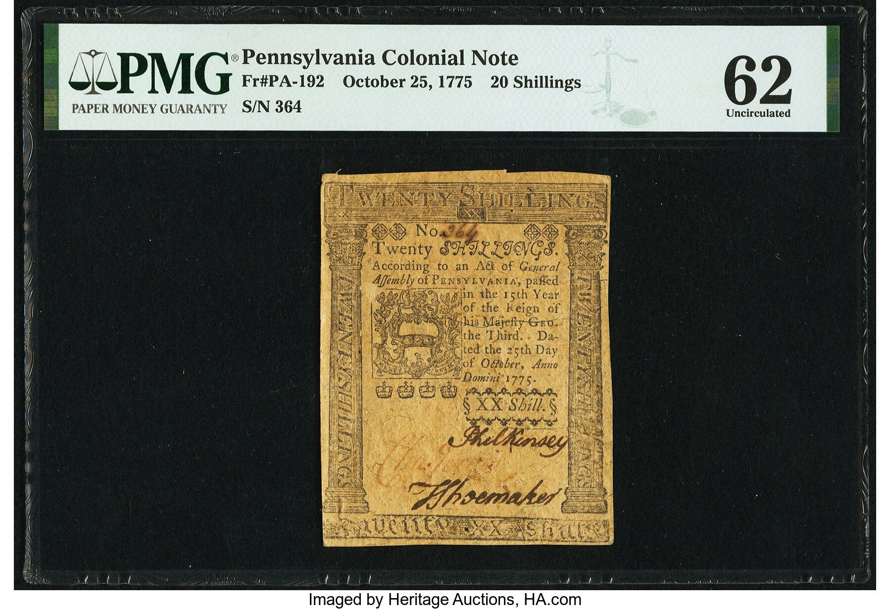 image for: Pennsylvania October 25, 1775 20s PMG Uncirculated 62....