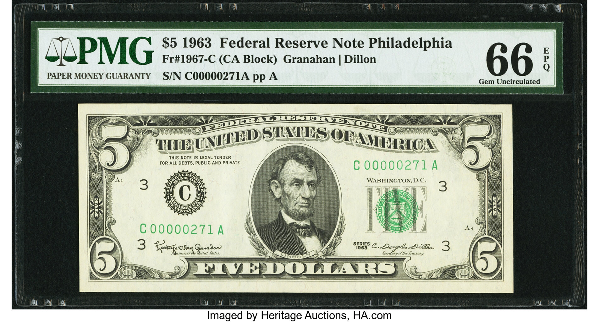 image for: Low Serial Number 271 Fr. 1967-C $5 1963 Federal Reserve Note. PMG Gem Uncirculated 66 EPQ....
