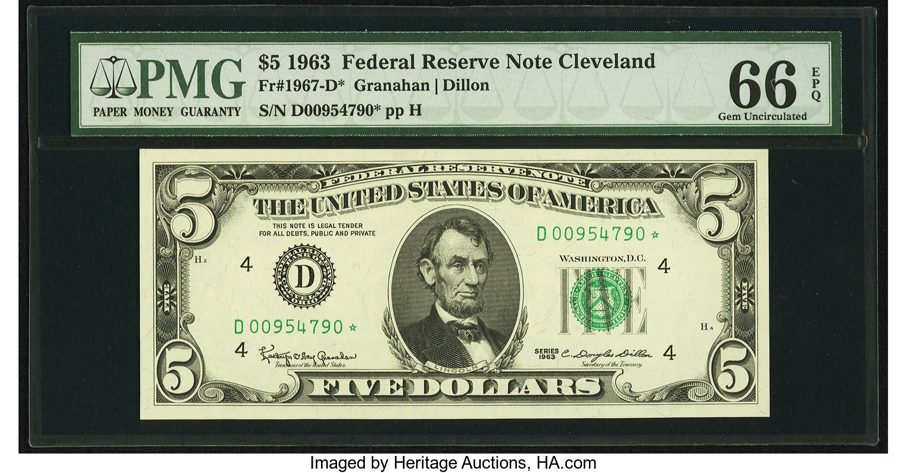 image for: Fr. 1967-D* $5 1963 Federal Reserve Note. PMG Gem Uncirculated 66 EPQ....