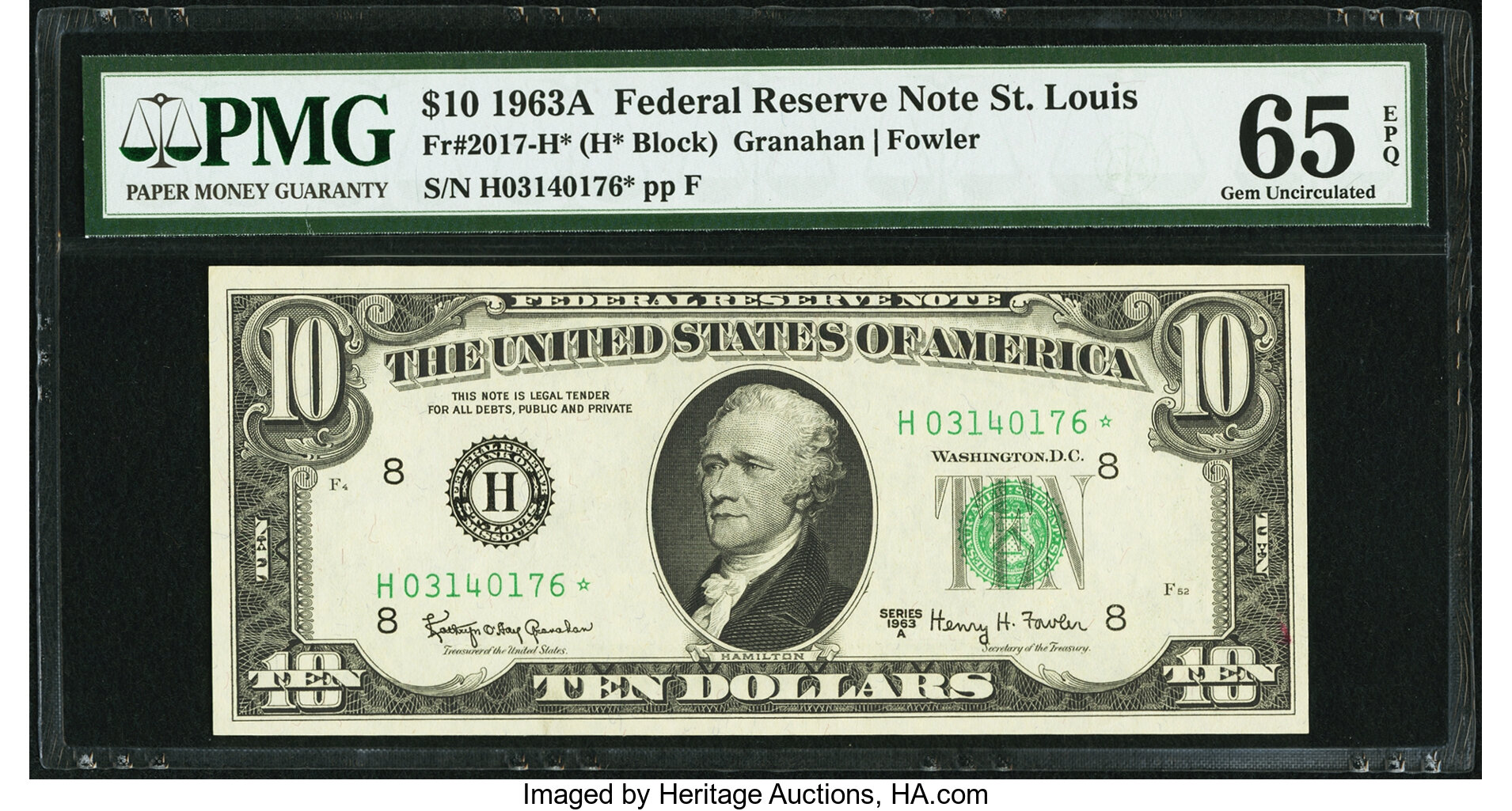 image for: Fr. 2017-H* $10 1963A Federal Reserve Star Note. PMG Gem Uncirculated 65 EPQ....