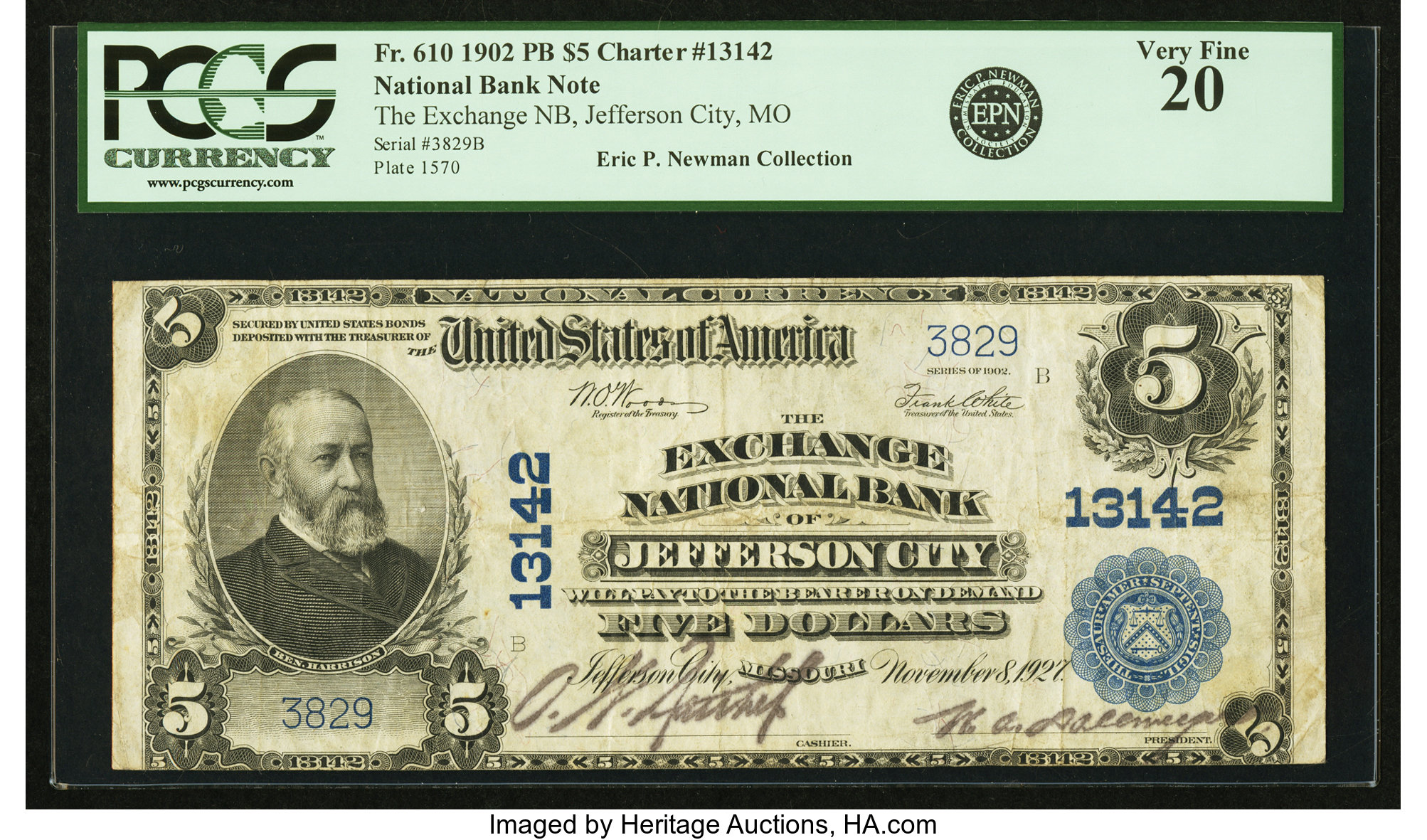 image for: Jefferson City, MO - $5 1902 Plain Back Fr. 610 The Exchange NB Ch. # 13142  PCGS Very Fine 20....