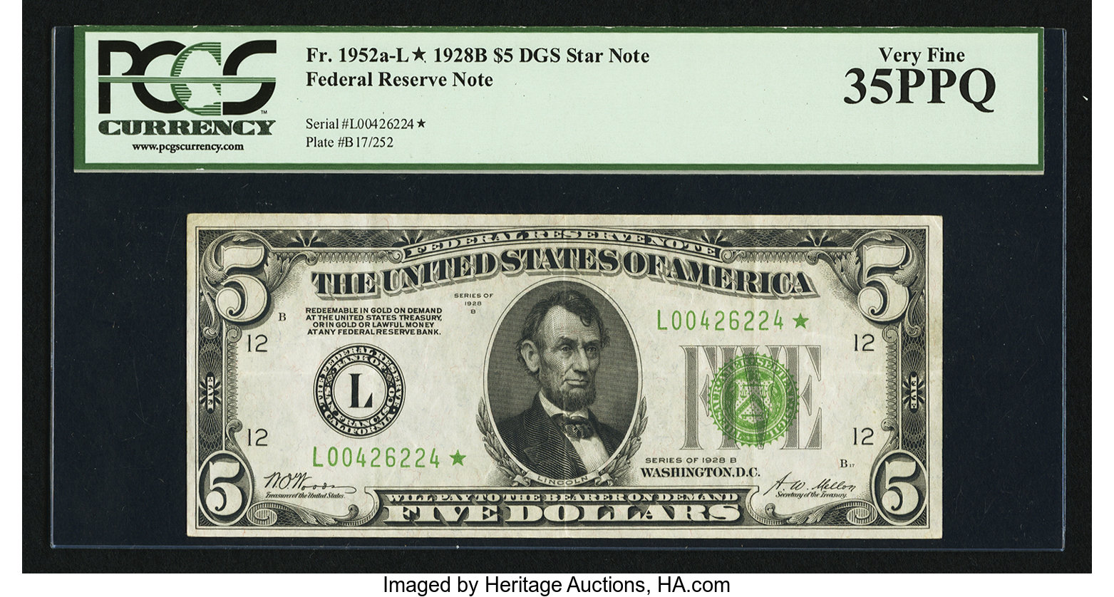image for: Fr. 1952-L* $5 1928B Federal Reserve Note. PCGS Very Fine 35PPQ....