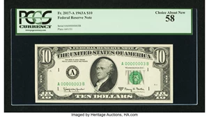 image for: Low Serial Number 00000003 Fr. 2017-A $10 1963A Federal Reserve Note. PCGS Choice About New 58....