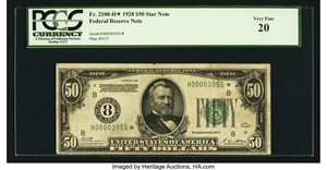 image for: Fr. 2100-H* $50 1928 Federal Reserve Note. PCGS Very Fine 20....