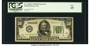 image for: Fr. 2100-J* $50 1928 Federal Reserve Note. PCGS Fine 15....