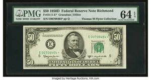 image for: Fr. 2111-E* $50 1950D Federal Reserve Note. PMG Choice Uncirculated 64 EPQ....