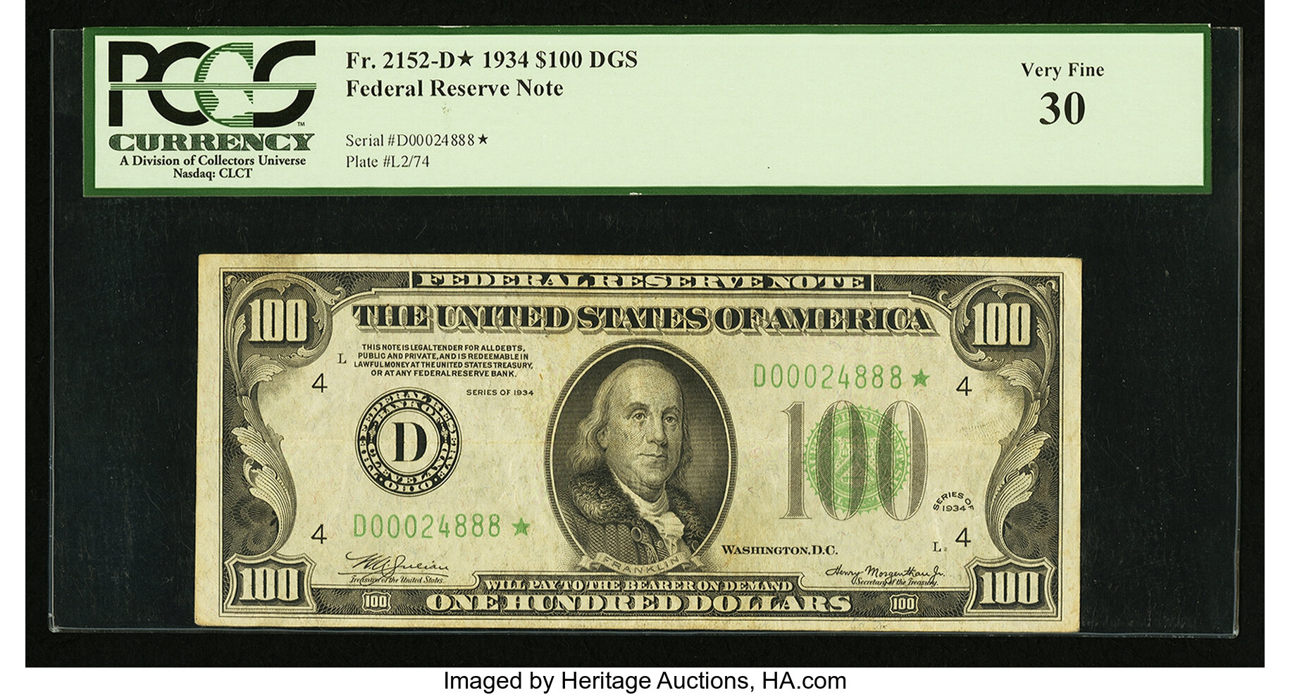 image for: Fr. 2152-D* $100 1934 Federal Reserve Note. PCGS Very Fine 30....