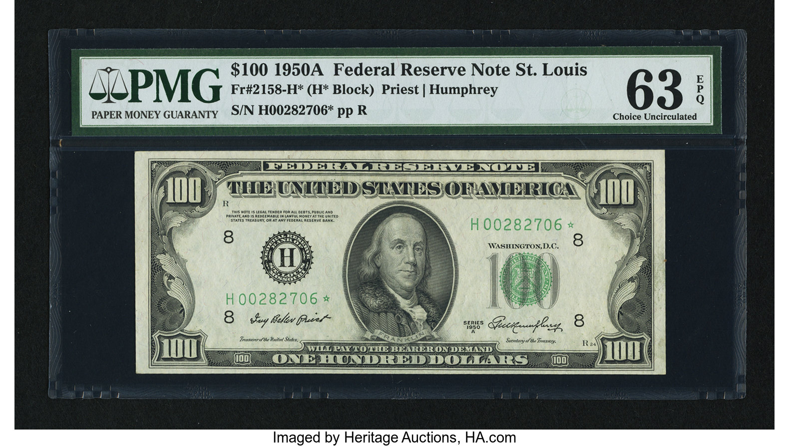 image for: Fr. 2158-H* $100 1950A Federal Reserve Note. PMG Choice Uncirculated 63 EPQ....