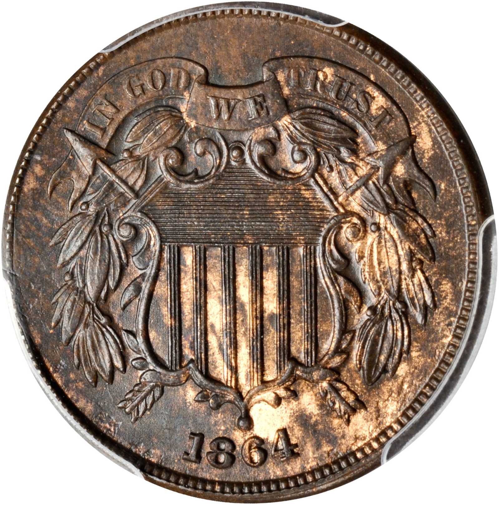 1864 Two-Cent Piece. Large Motto. Unc Details--Environmental Damage (PCGS).