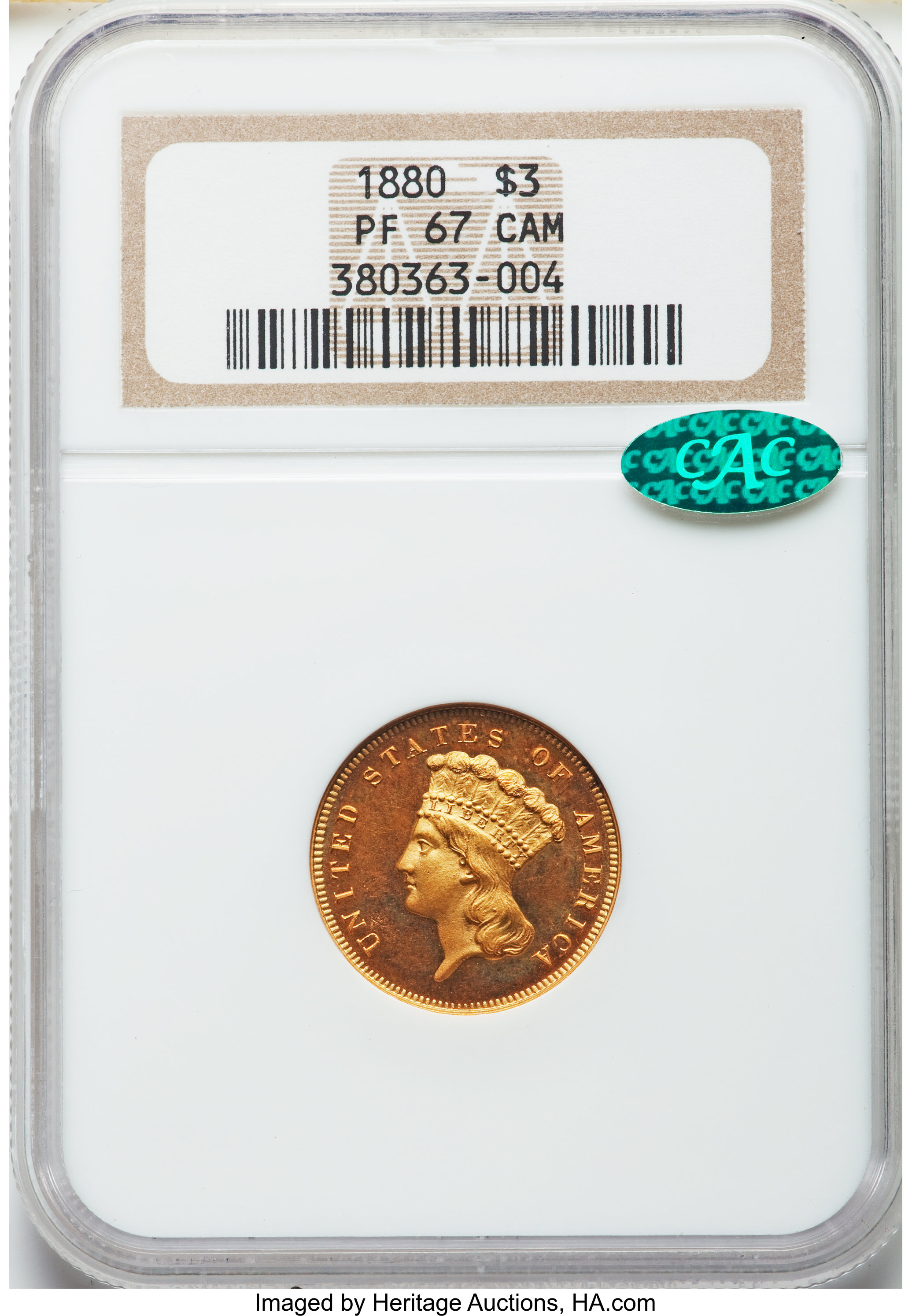 image for: 1880 $3 PR67 Cameo NGC. CAC....