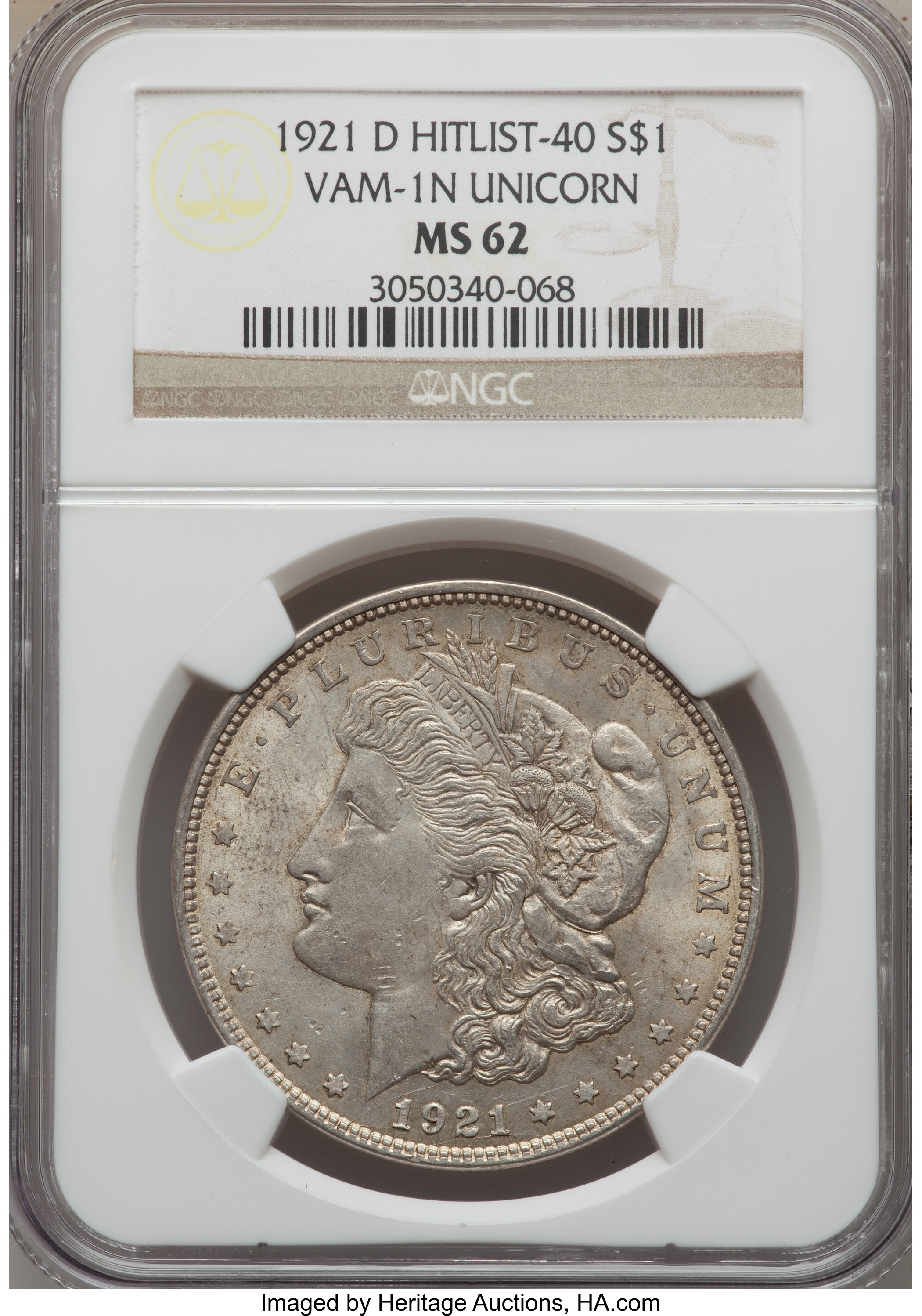 1921-D $1 Unicorn, VAM-1N, MS62 NGC. Hitlist-40. NGC Census: (0/0). PCGS Population (11/22). ...