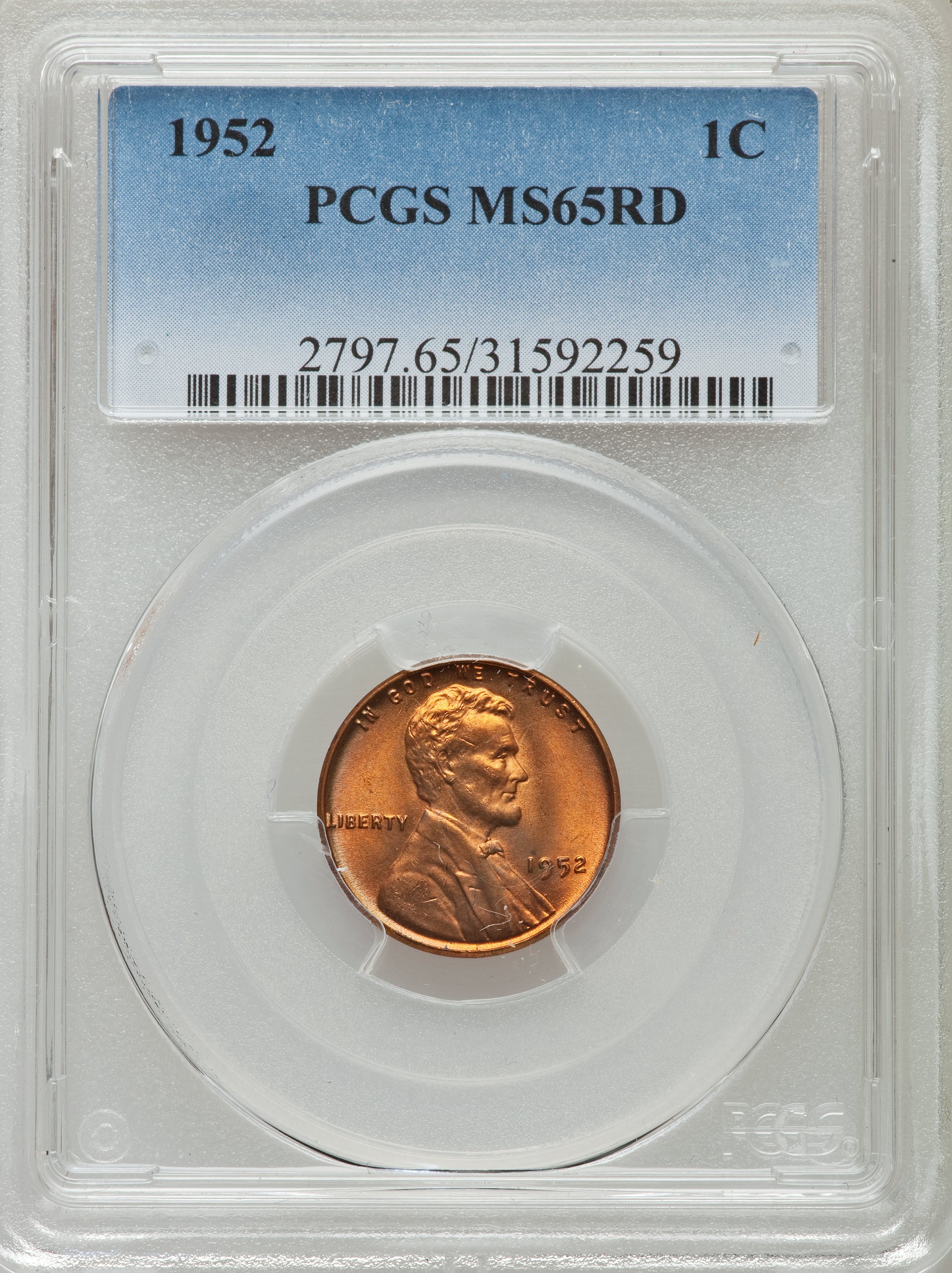 1952 1C MS65 Red PCGS. PCGS Population (431/523). NGC Census: (160/801). Mintage: 186,856,976. Numismedia Wsl. Price for pr...
