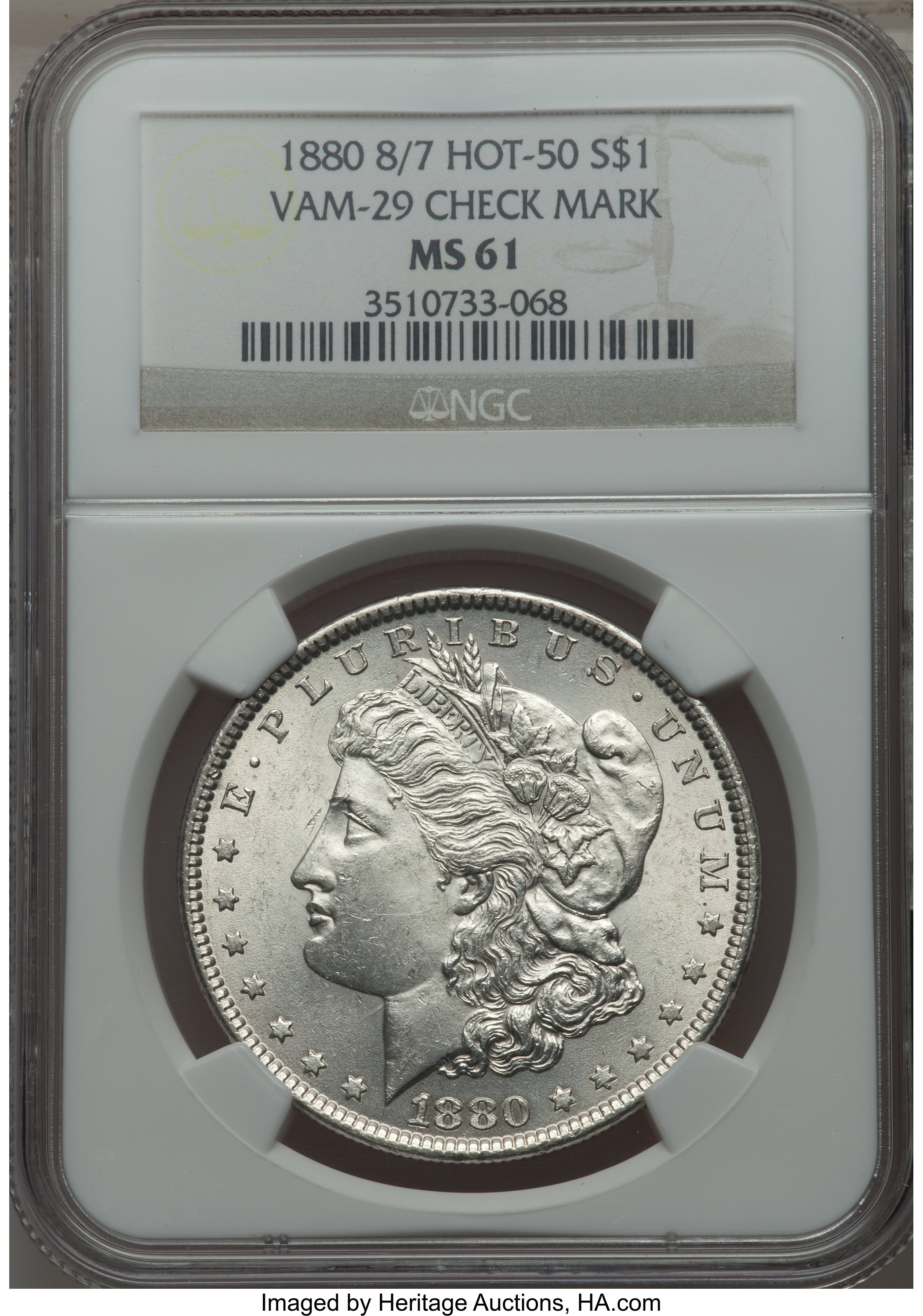 image for: 1880 $1 8 Over 7 Checkmark, VAM-29, MS61 NGC.  HOT-50. NGC Census: (0/0). PCGS Population (1/3).  ...