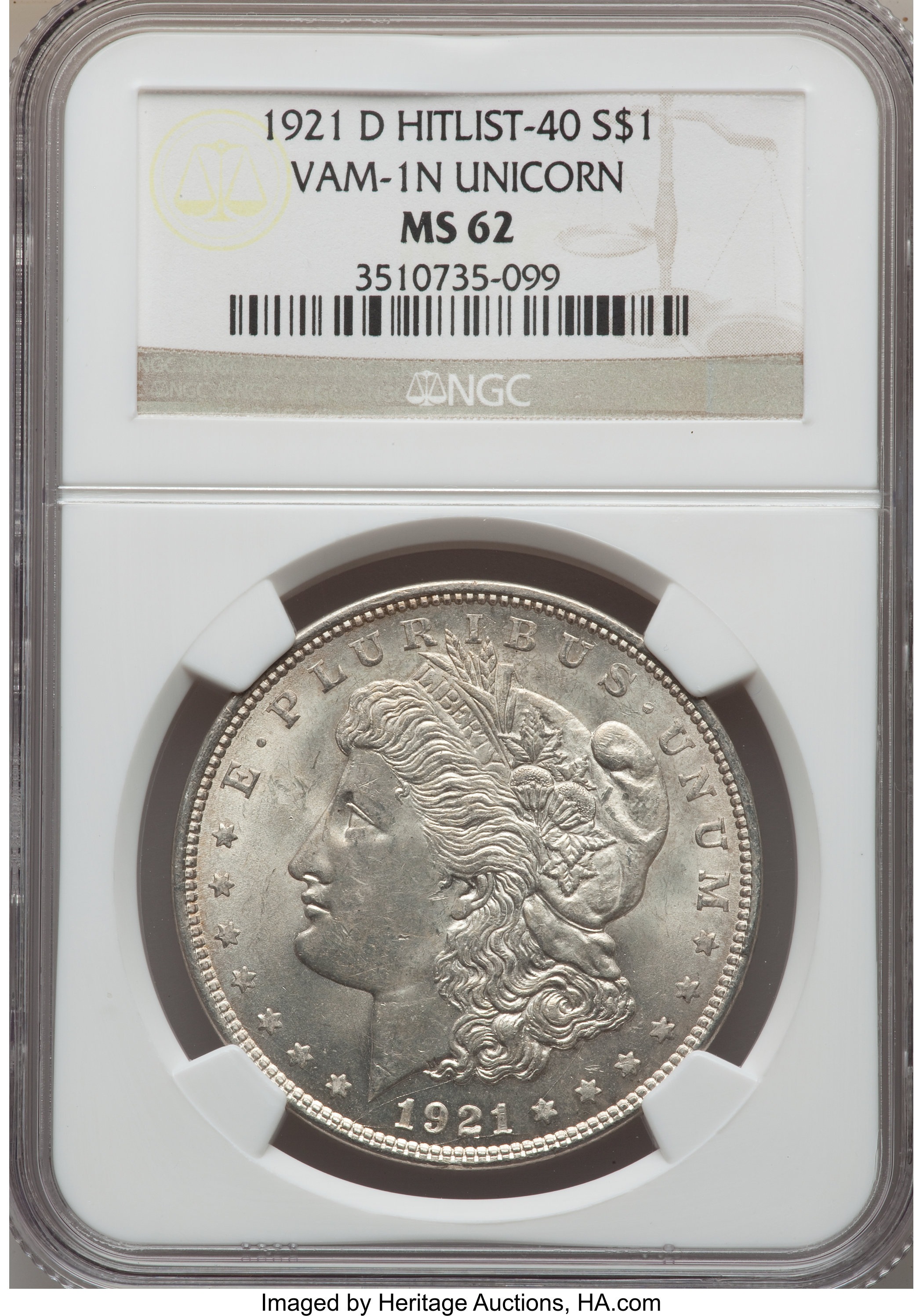 1921-D $1 Unicorn, VAM-1N, MS62 NGC. Hitlist-40. NGC Census: (0/0). PCGS Population (11/22). ...