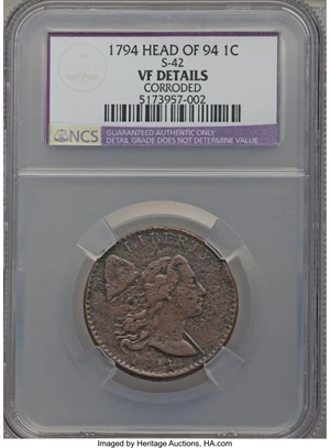image for: 1794 1C Head of 1794, S-42, B-29, R.4, -- Corroded -- NCS. VF Details. NGC Census: (0/0). PCGS Population (0/4)....